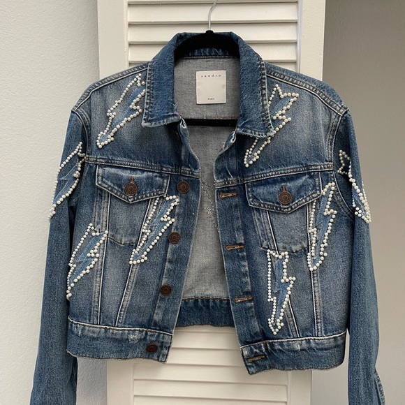 Sandro Pearl embellished Denim Jacket - Picture 6 of 9
